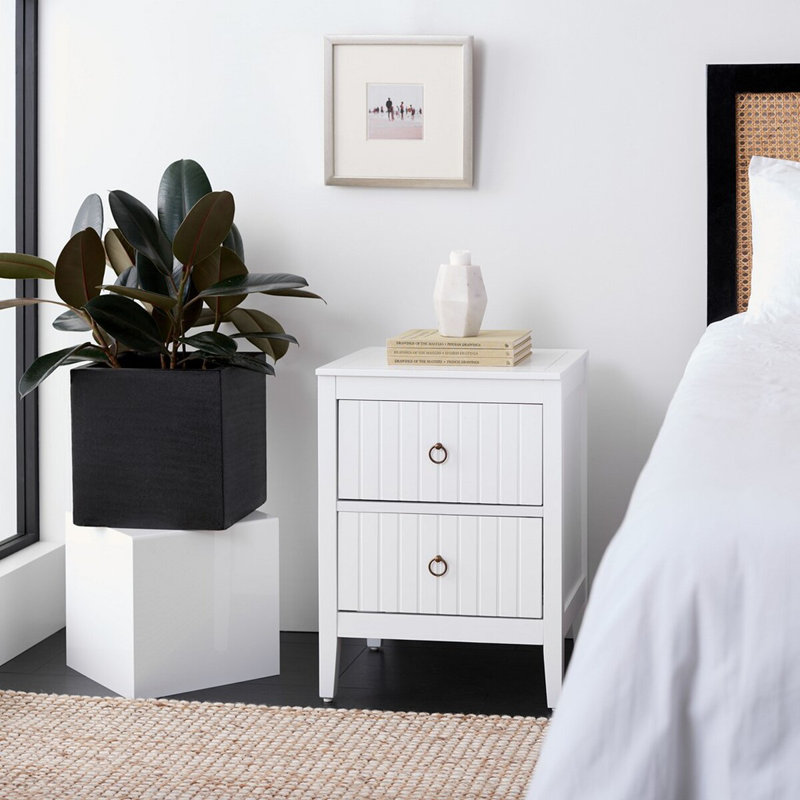Tegan White Mahogany 2-Drawer Nightstand with Brass Ring Pulls