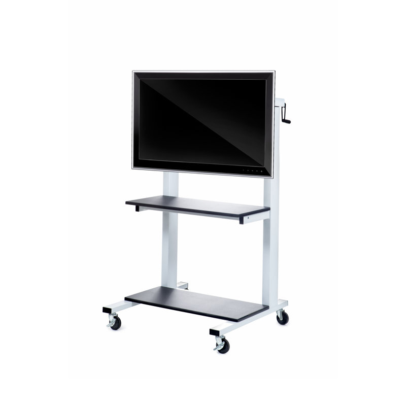 Crank Adjustable Mobile TV Cart with Dual Shelves, White & Black
