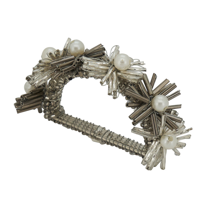 Silver Beaded Flower Design Napkin Rings Set of 4