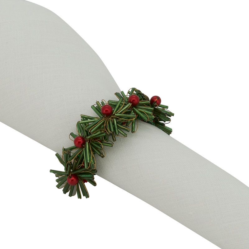 Green Beaded Flowers Design Napkin Rings Set of 4