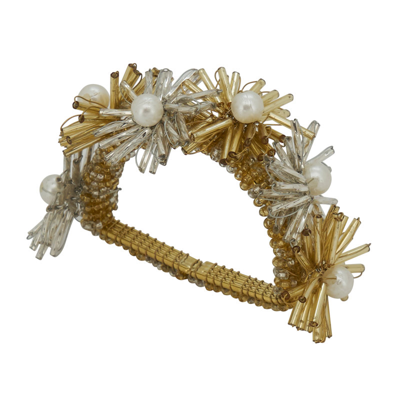 Gold Beaded Flower Design Napkin Rings Set of 4