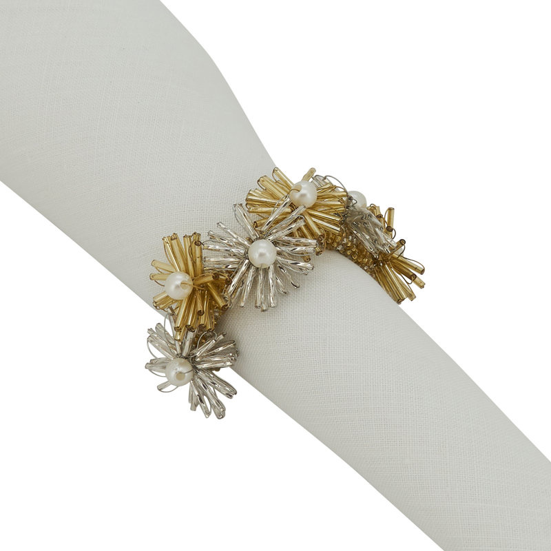Gold Beaded Flower Design Napkin Rings Set of 4