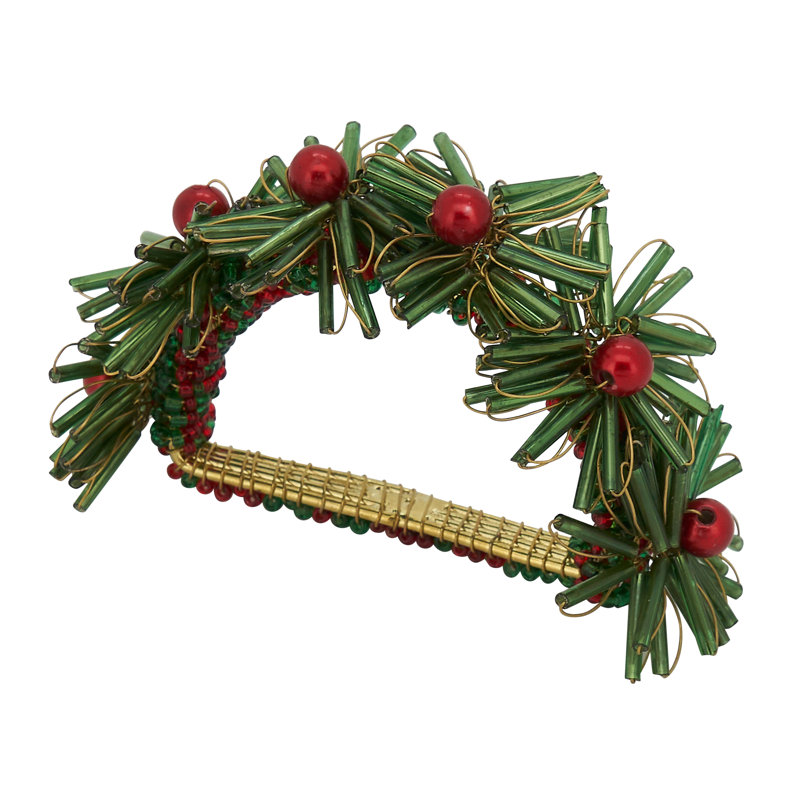 Green Beaded Flowers Design Napkin Rings Set of 4