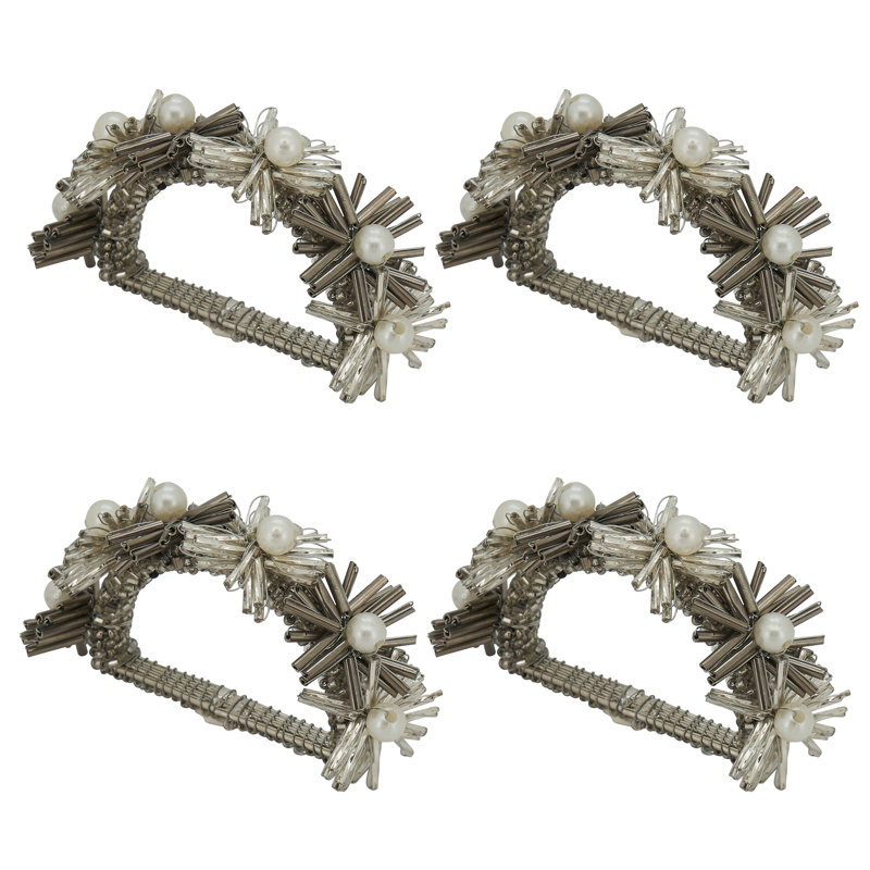 Silver Beaded Flower Design Napkin Rings Set of 4