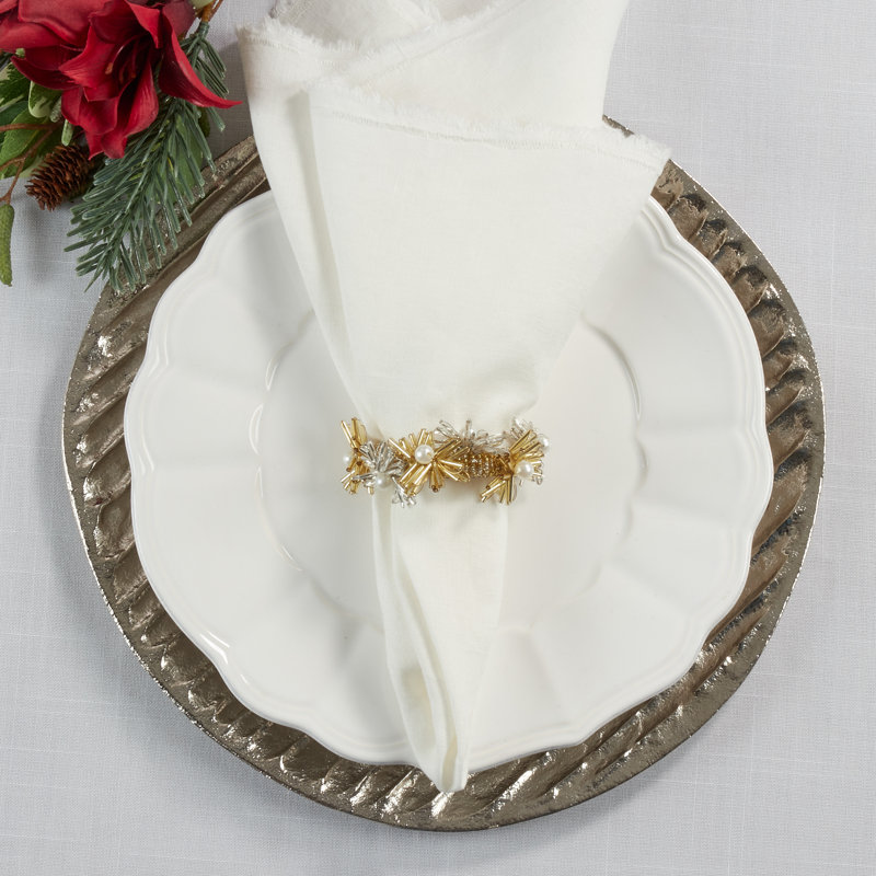 Gold Beaded Flower Design Napkin Rings Set of 4