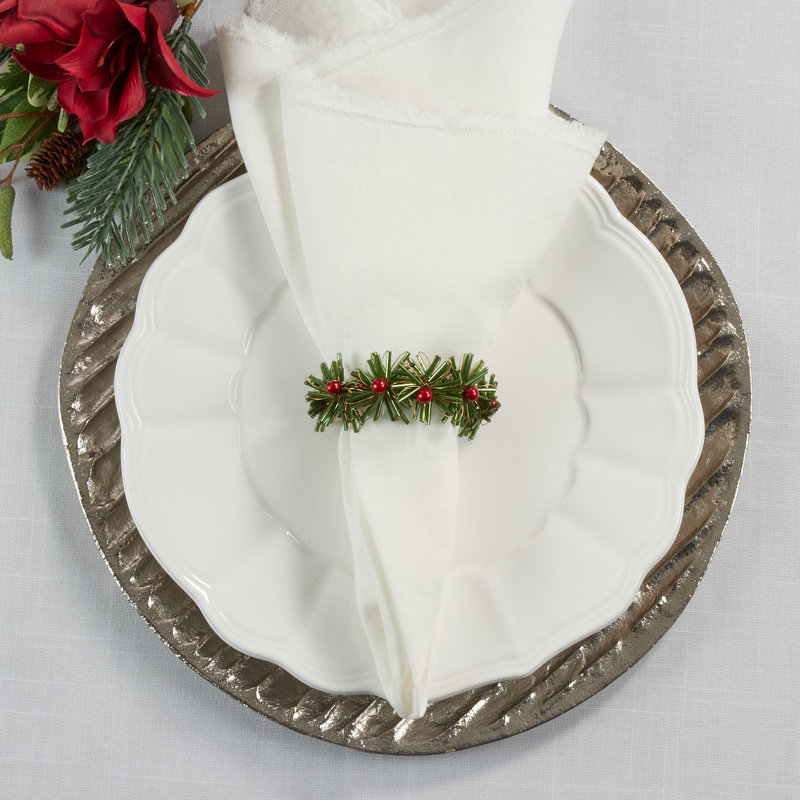 Green Beaded Flowers Design Napkin Rings Set of 4