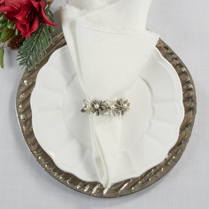 Silver Beaded Flower Design Napkin Rings Set of 4