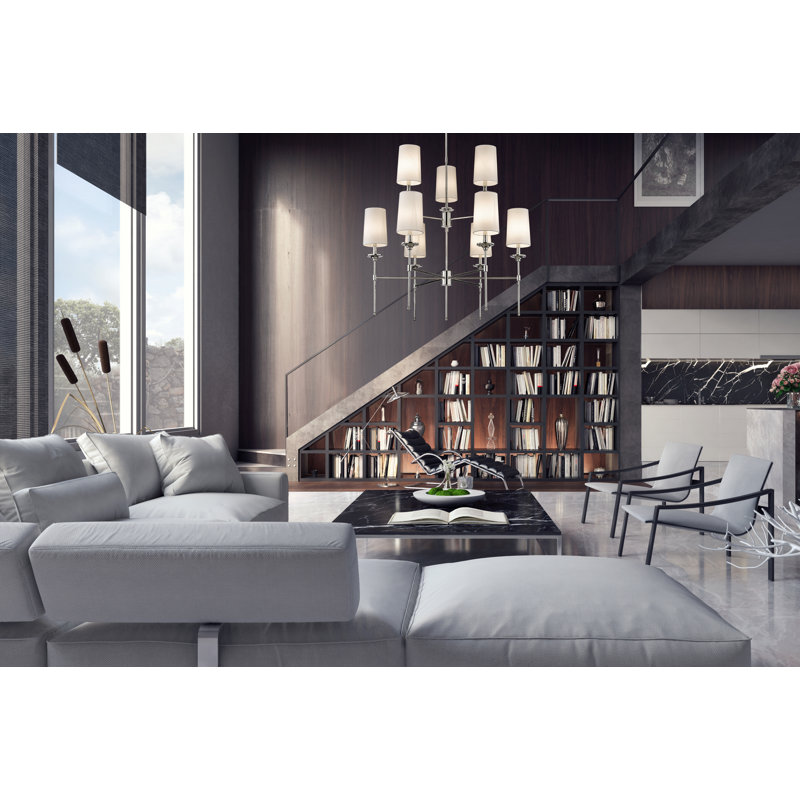 Polished Nickel 9-Light Chandelier with Off-White Shades