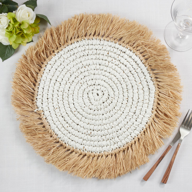 White and Natural Round Raffia Placemats Set of 4