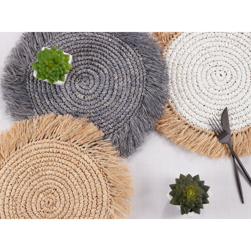 White and Natural Round Raffia Placemats Set of 4
