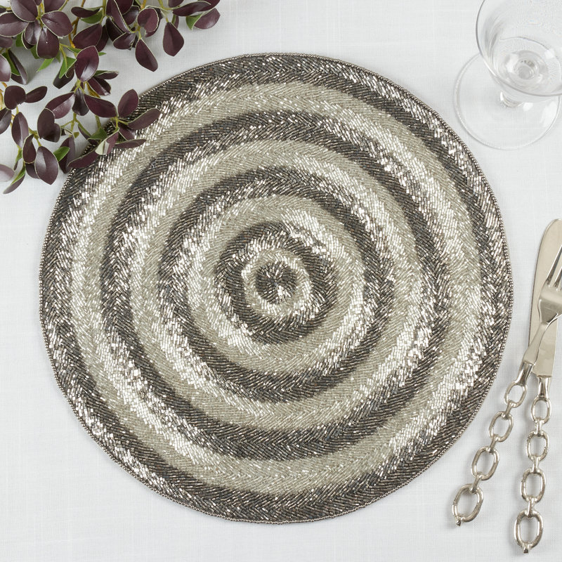 Silver Round Beaded Fabric Placemats, Set of 4