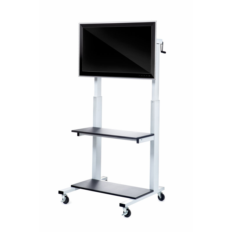Crank Adjustable Mobile TV Cart with Dual Shelves, White & Black