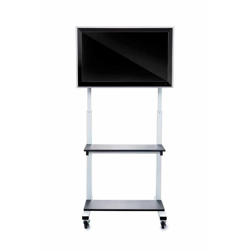 Crank Adjustable Mobile TV Cart with Dual Shelves, White & Black