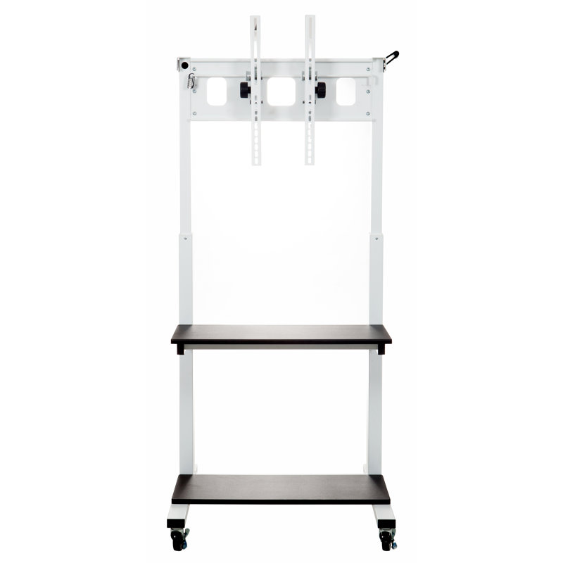 Crank Adjustable Mobile TV Cart with Dual Shelves, White & Black