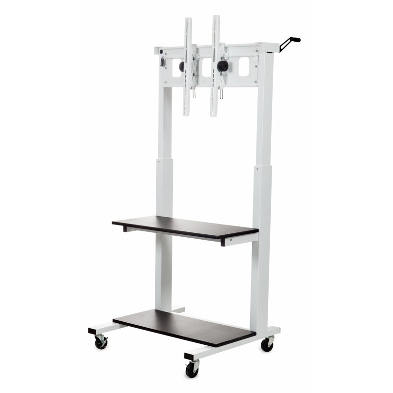 Crank Adjustable Mobile TV Cart with Dual Shelves, White & Black