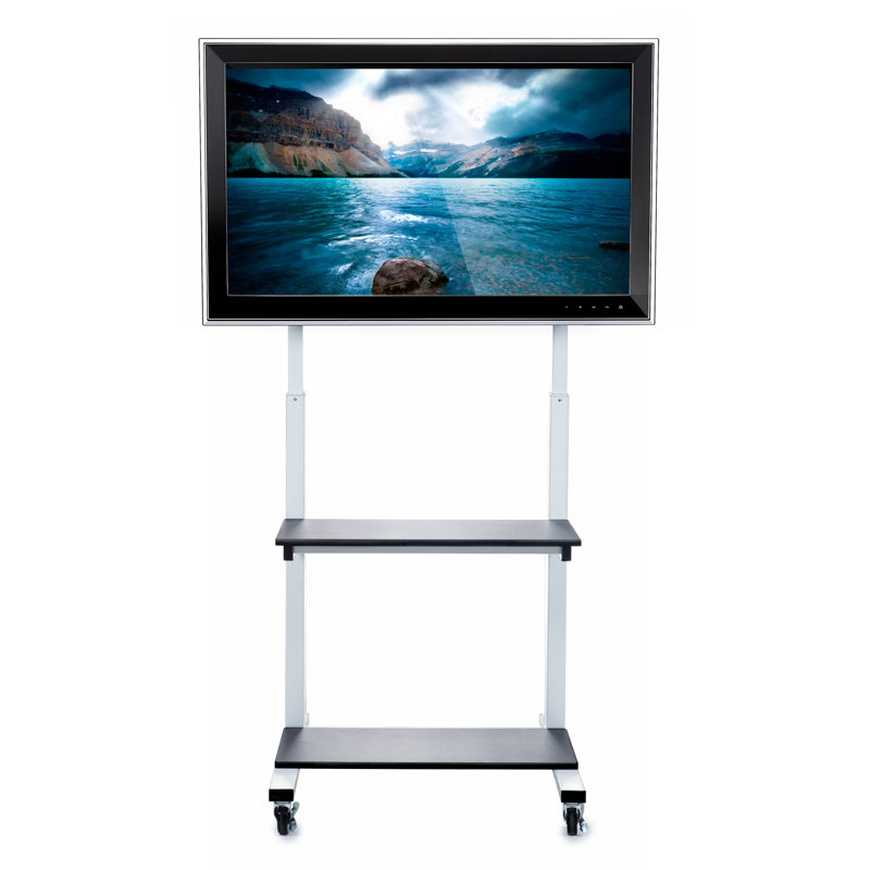 Crank Adjustable Mobile TV Cart with Dual Shelves, White & Black