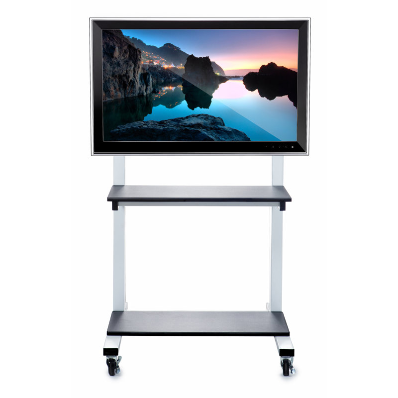 Crank Adjustable Mobile TV Cart with Dual Shelves, White & Black
