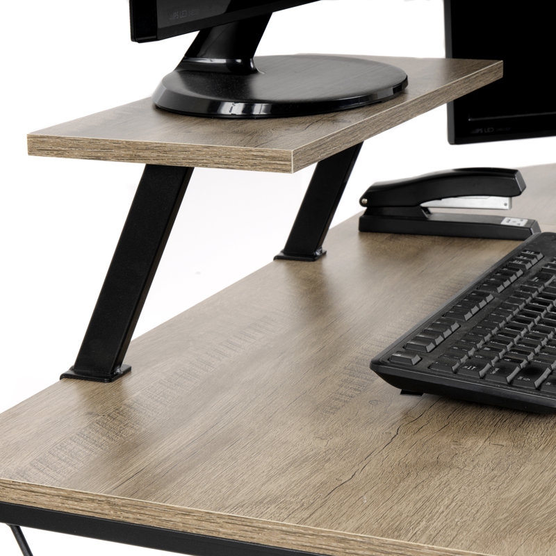 Sewn Oak Laminate and Black Steel L-Shape Home Office Desk