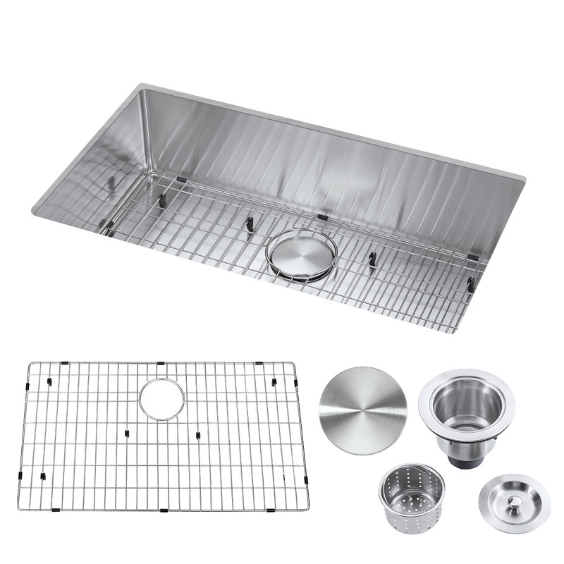 32'' Stainless Steel Single Bowl Undermount Kitchen Sink with Grid