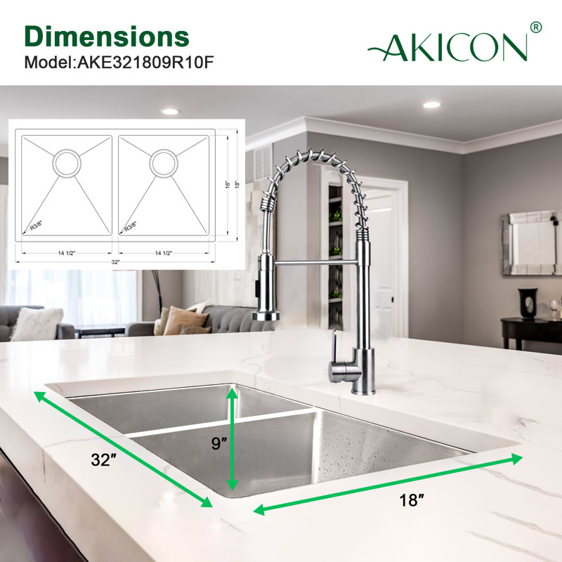 32'' Stainless Steel Double Bowl Undermount Kitchen Sink with Drainboard