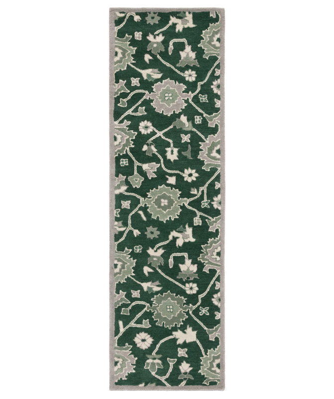 Dark Green Floral Hand-Knotted Wool Runner Rug