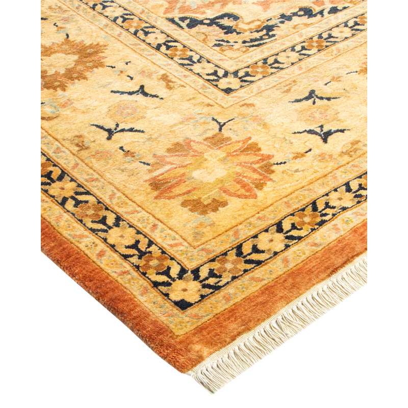 Hand-Knotted Blue and Beige Wool Rectangular Area Rug