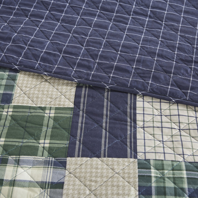 Green and Navy Reversible Microfiber Full Quilt Set