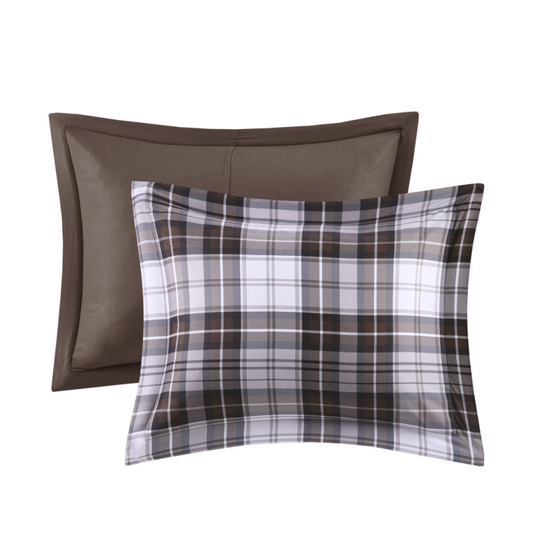 King Brown Plaid Microfiber Reversible Comforter Set