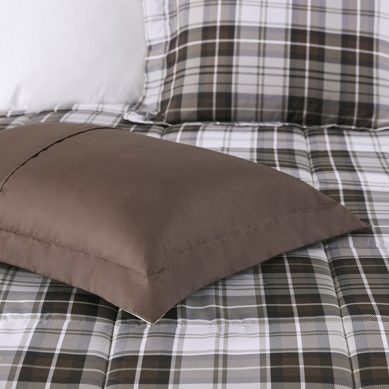 King Brown Plaid Microfiber Reversible Comforter Set