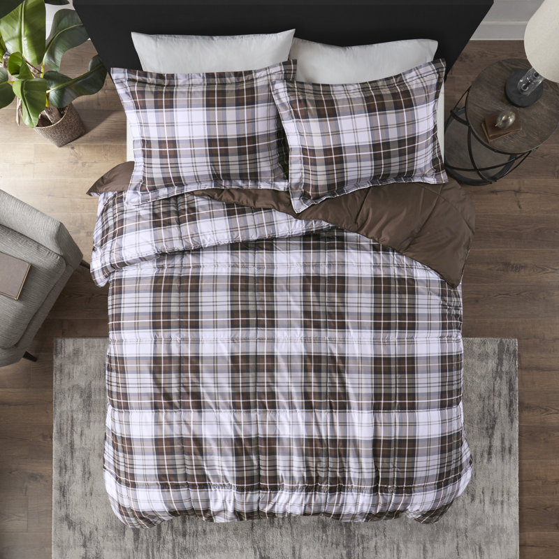 King Brown Plaid Microfiber Reversible Comforter Set