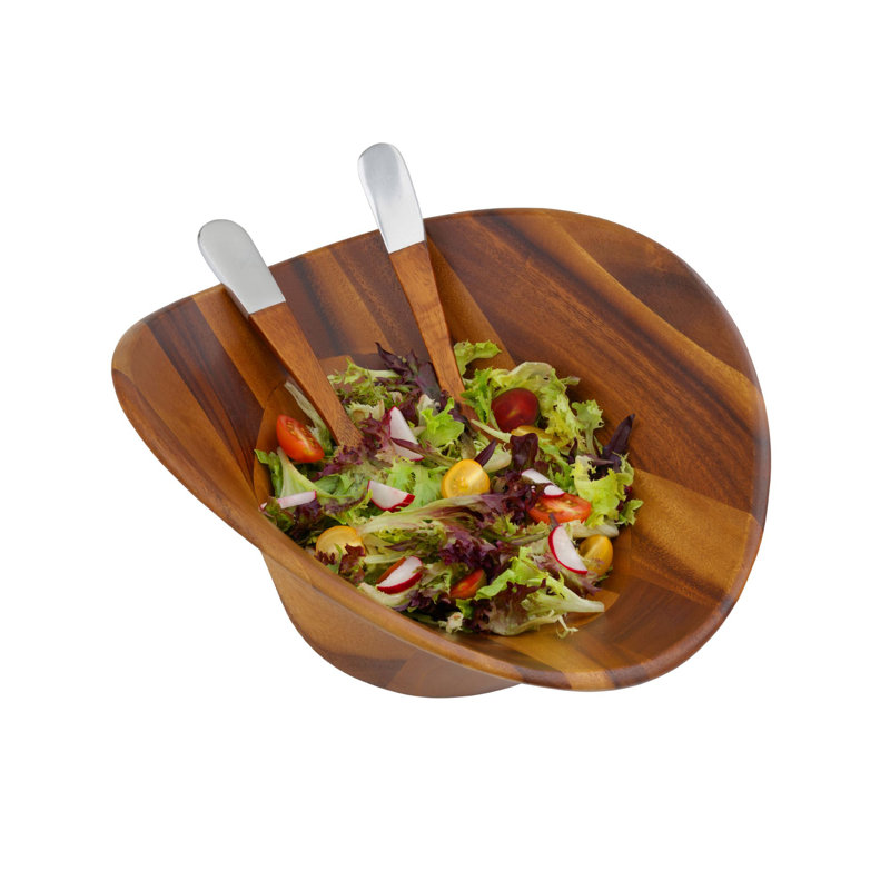 Ripple Acacia Wood Salad Bowl with Alloy Servers