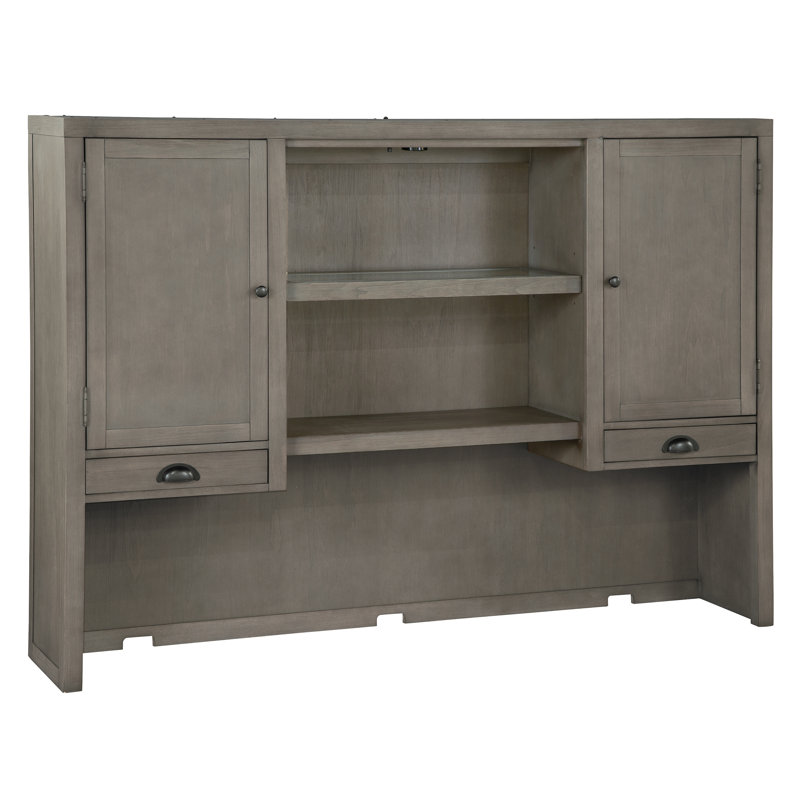 Gray Wood Executive Desk with Hutch and Filing Cabinet