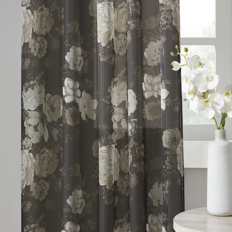 White Floral Sheer Rod Pocket Back Tab Curtain Panel