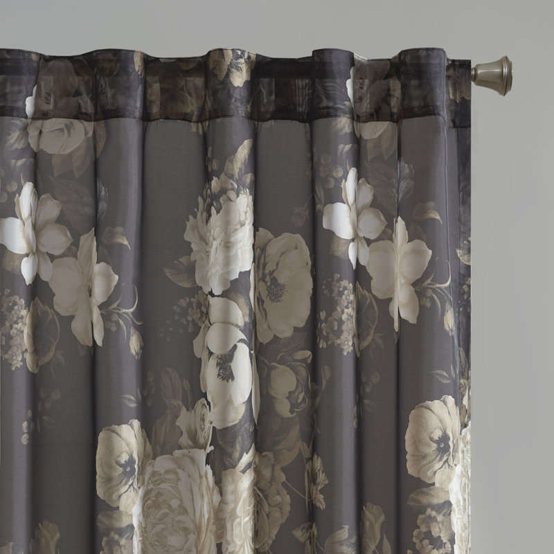 White Floral Sheer Rod Pocket Back Tab Curtain Panel