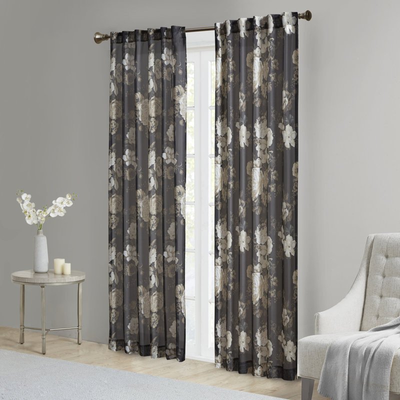 Navy Floral Sheer Rod Pocket Back Tab Curtain Panel