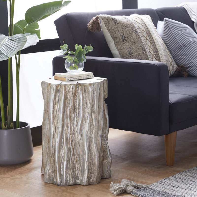 Silver Tree Trunk Inspired Round Fiberglass Accent Stool 13" x 19"