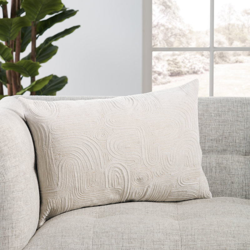 Ivory Embroidered Cotton Rectangular Lumbar Pillow