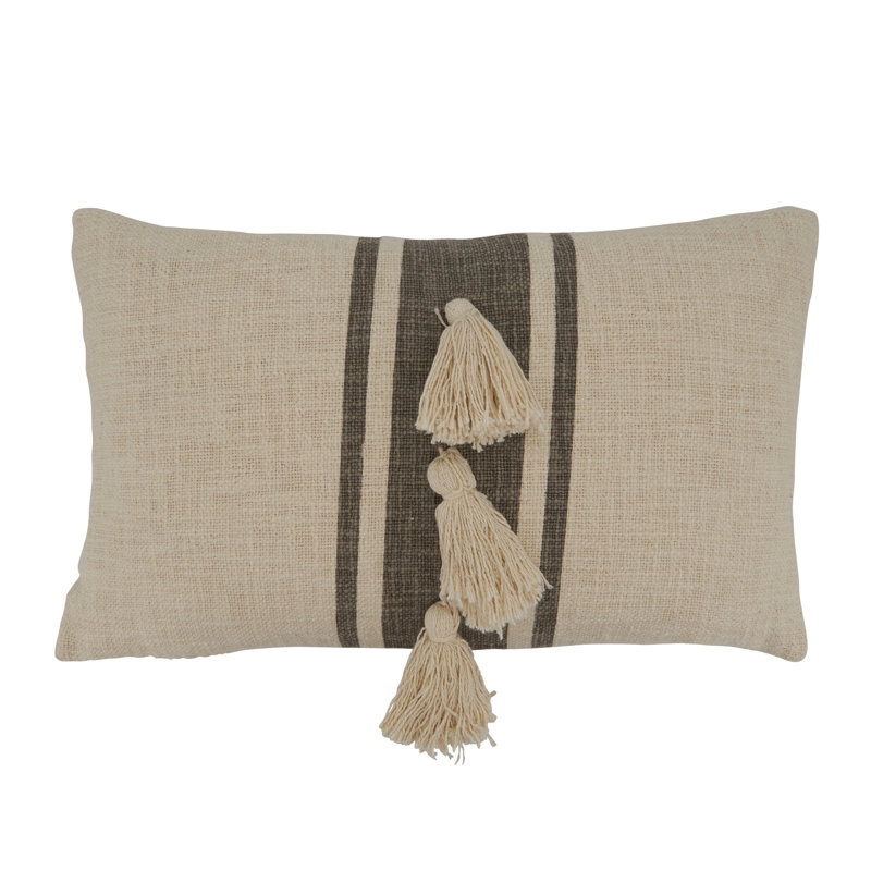 Gray and Beige Striped Cotton Pillow Cover with Tassels