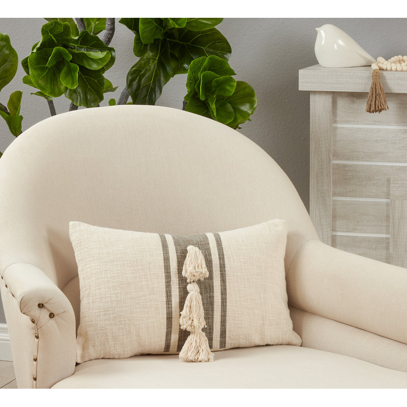 Gray and Beige Striped Cotton Pillow Cover with Tassels