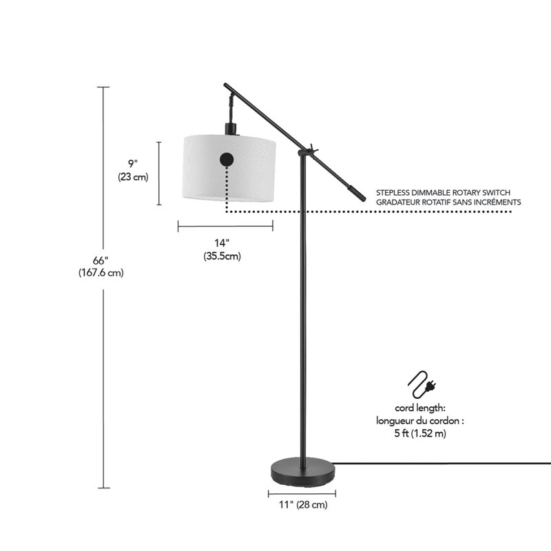 Avellino Matte Black Adjustable Floor Lamp with White Linen Shade