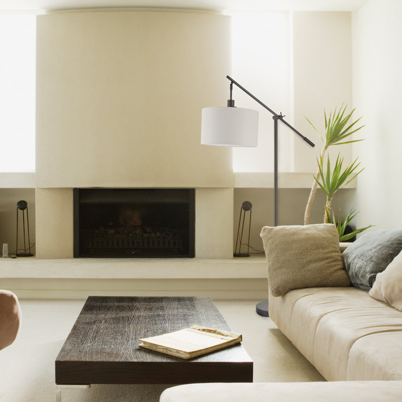 Avellino Matte Black Adjustable Floor Lamp with White Linen Shade