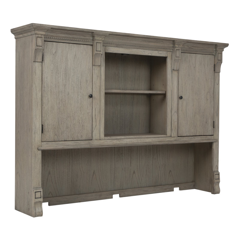 Gray Wood Executive Desk with Hutch and Filing Cabinet