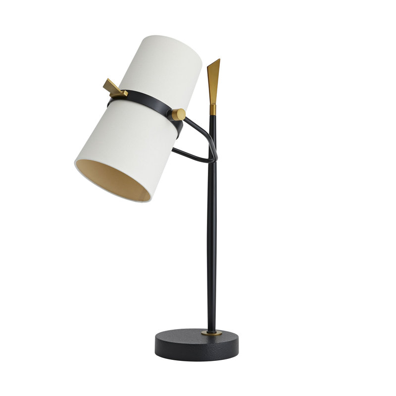 Yasmin Adjustable Black Iron Desk Lamp with Off-White Linen Shade