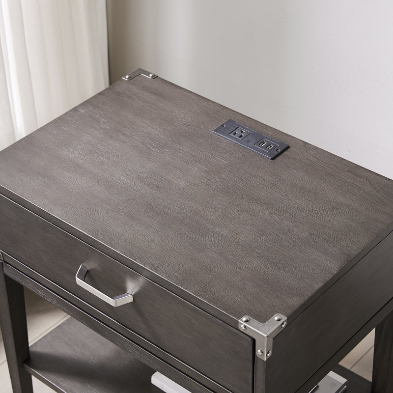 Beckett Anthracite Solid Wood Nightstand with USB Charging Port