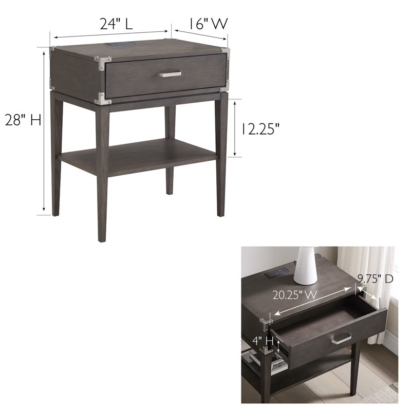 Beckett Anthracite Solid Wood Nightstand with USB Charging Port