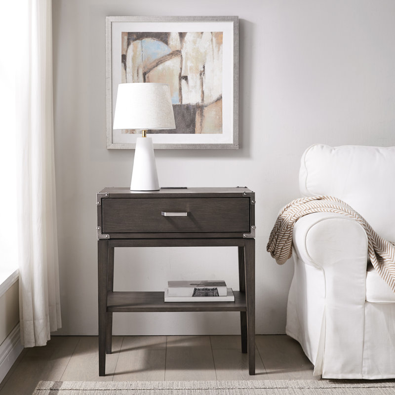 Beckett Anthracite Solid Wood Nightstand with USB Charging Port