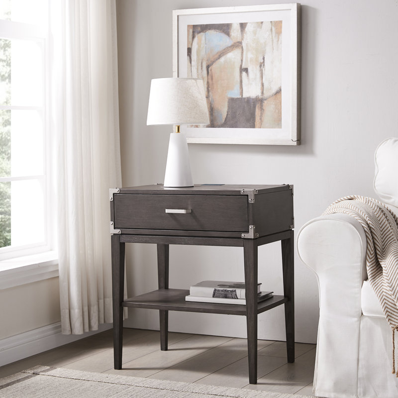 Beckett Anthracite Solid Wood Nightstand with USB Charging Port