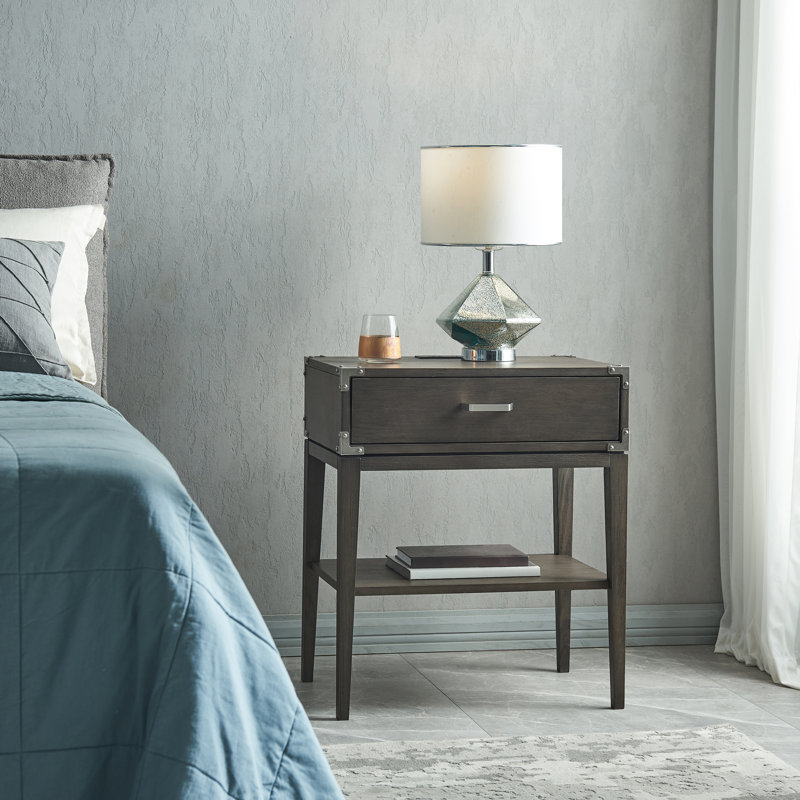 Beckett Anthracite Solid Wood Nightstand with USB Charging Port