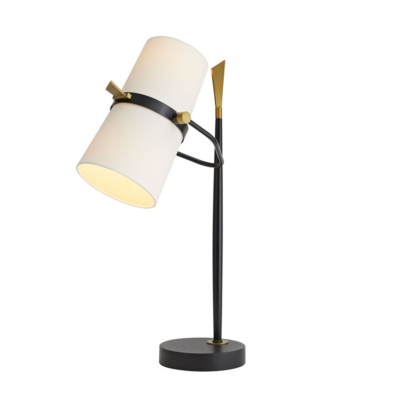 Yasmin Adjustable Black Iron Desk Lamp with Off-White Linen Shade