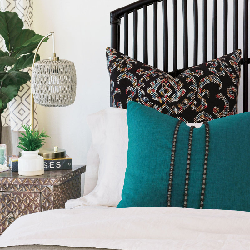 Black Cotton Decorative Pillow with Multicolored Ikat Embroidery, 13" x 22"